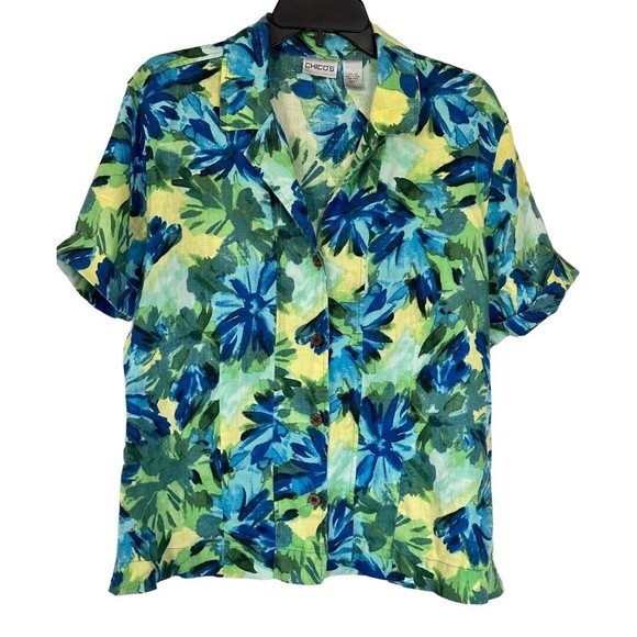 Chico's 100% Linen Cobalt/ Green Floral Button Up Blouse Size 2(L)12/14 - Picture 1 of 6